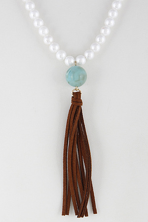 String Faux Pearl Necklace With Stone And Tassel 6FCD9